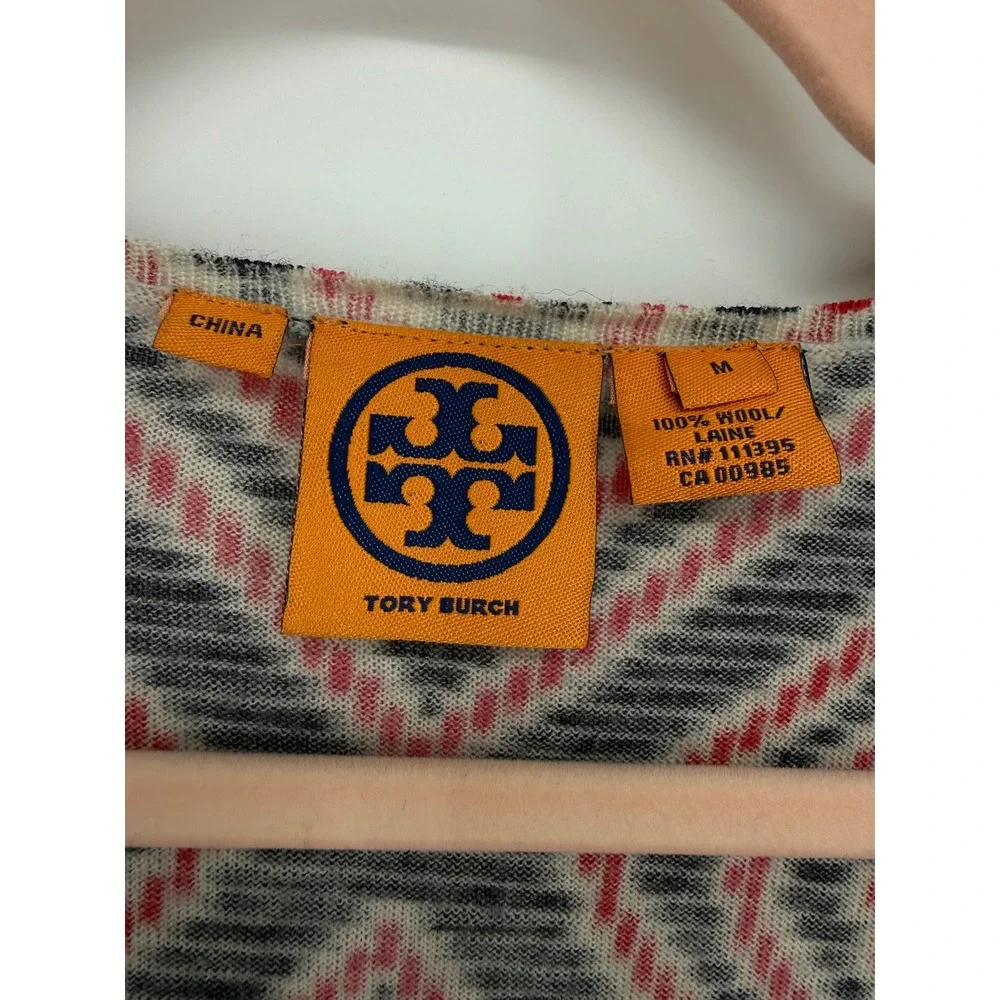 Tory Burch Cardigan Women Medium Red Black Geometric 100 Wool V-Neck Logo Button